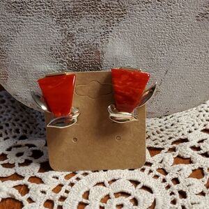 Charel' Blood Orange Marbeled Bakelite gold plated clip earrings triangular